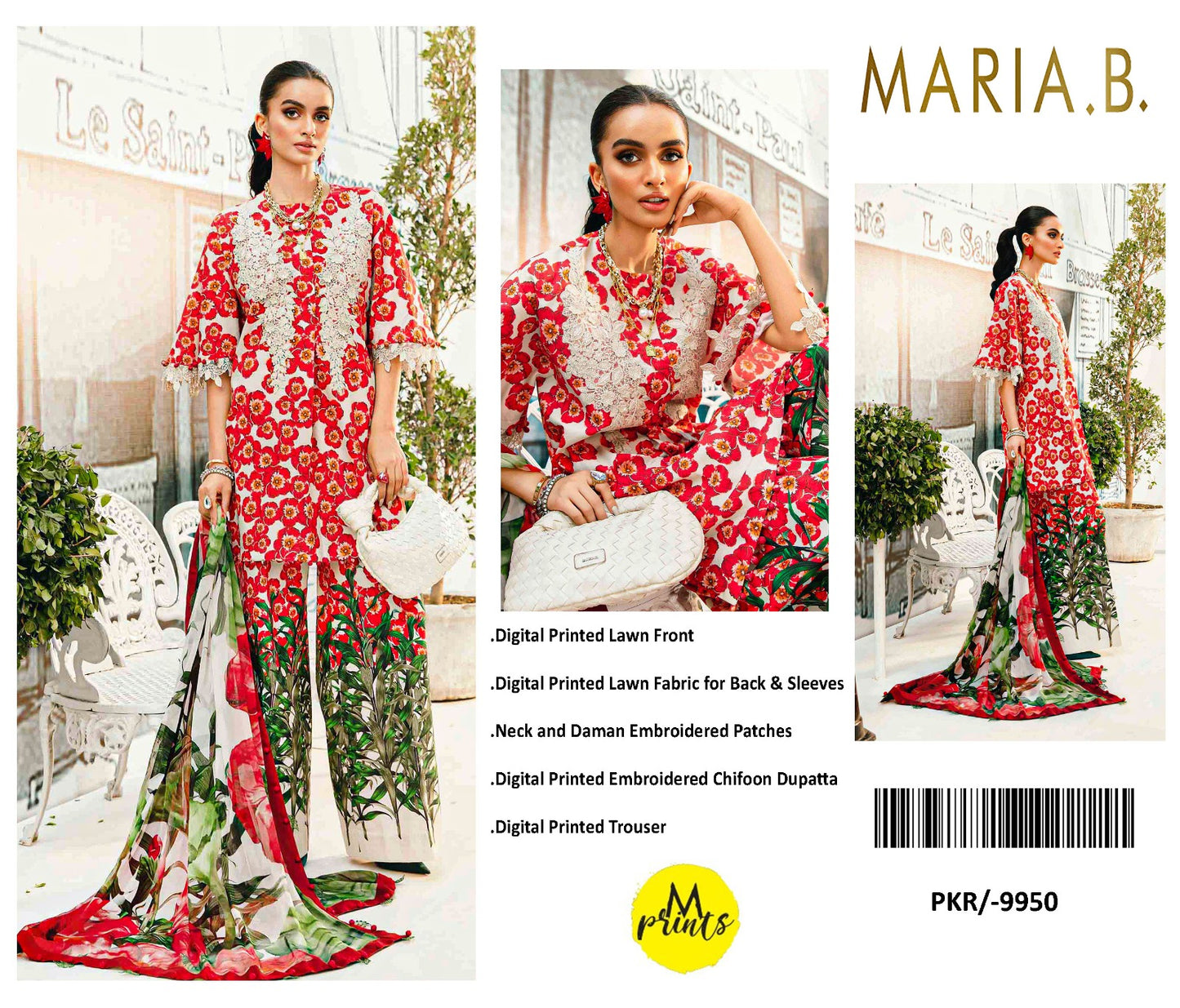 Maria B MPrint MPT-2606-B | Red & White (flower)- Lawn With Chiffon safa collection