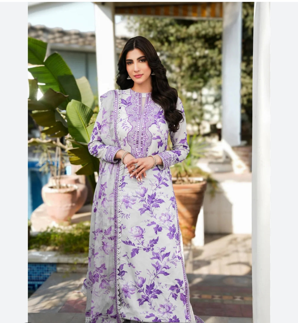 Aneelas White Purple Lawn -25