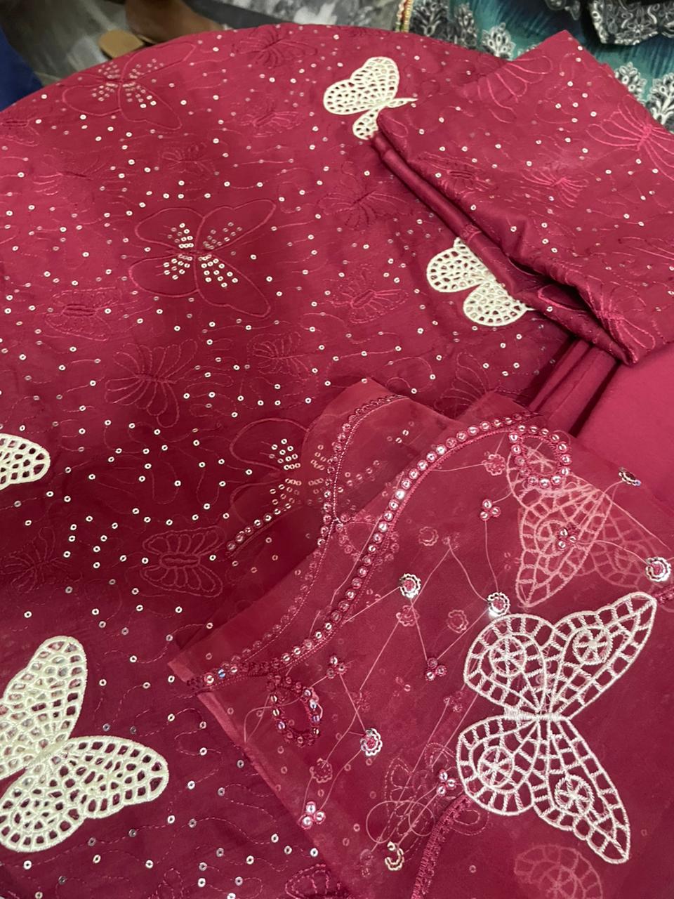Mehroon butter fly light sequence embroidery thread