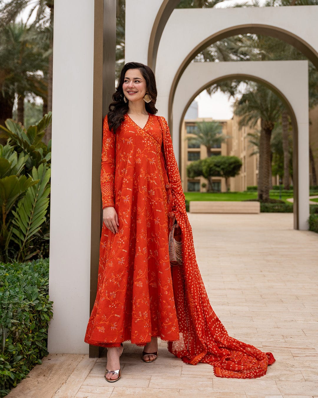 FAIZA SAQLAIN-FROCK 3PC LAWN EMBROIDERED SHIRT WITH CHUNRI PRINTED EMBROIDERED DUPATTA AND TROUSER