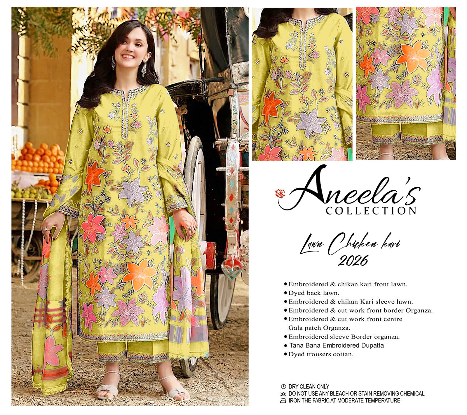 Grace S1384 - Embroidered 3pc CHIKANKARI Lawn Dress With Printed